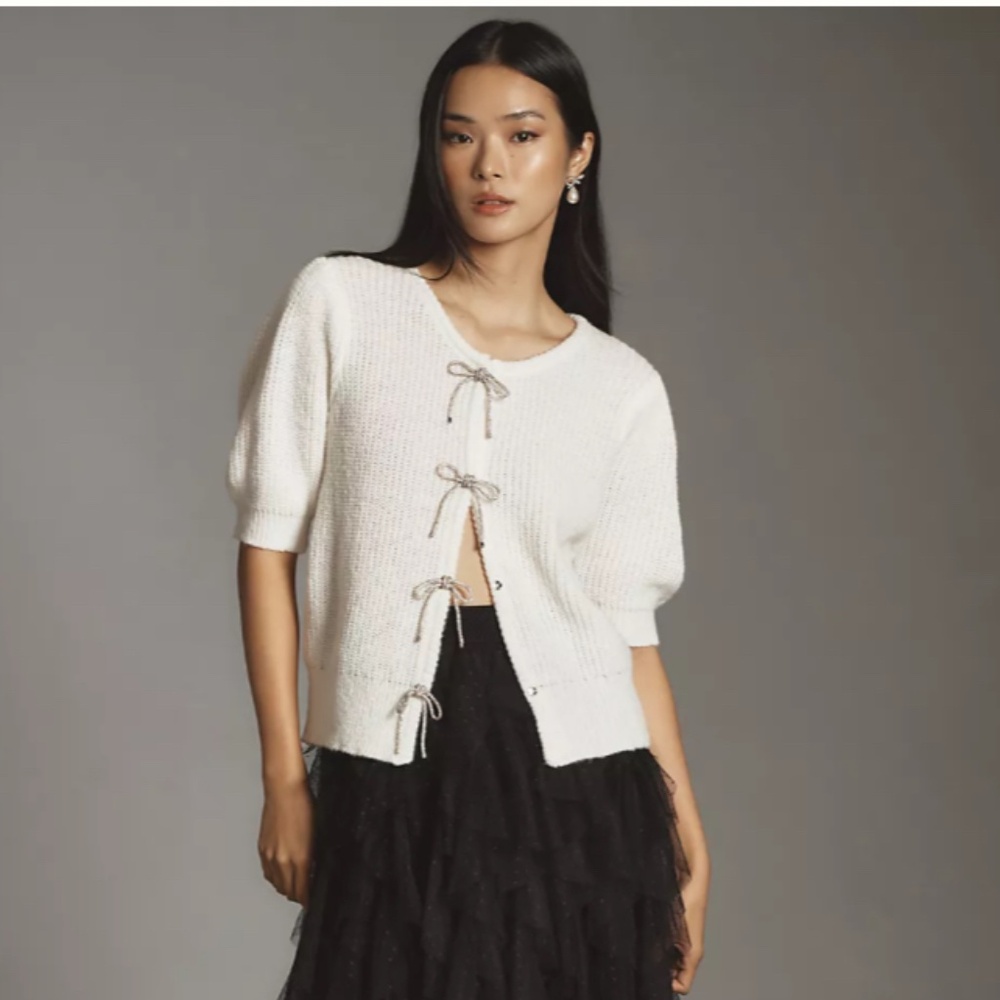 Maeve Short-Sleeve Embellished Bow Cardigan Sweater, XS